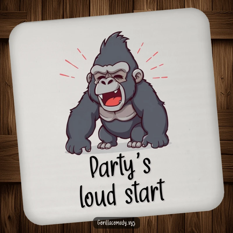 Funny drink coaster displaying a gorilla roaring loudly, with sound waves radiating outwards, offering humorous surface protection.