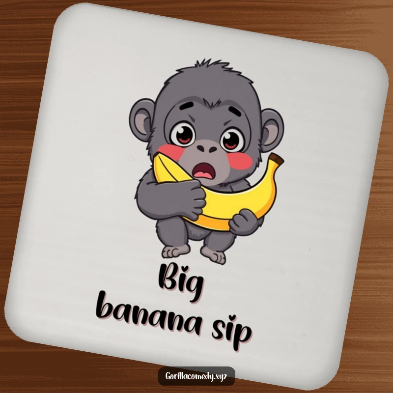 Funny gorilla drink coaster, surprised character with wide eyes, holding a banana that's comically too big, protecting surfaces humorously.