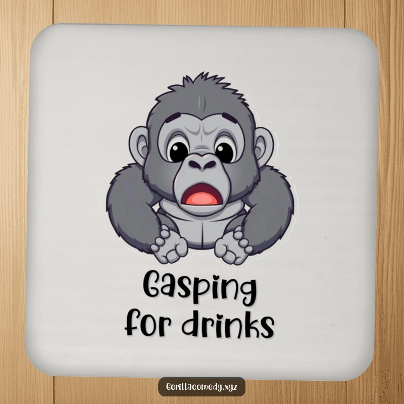 Funny drink coasters showing a gorilla in a state of comical surprise, mouth agape, protecting surfaces with humor.