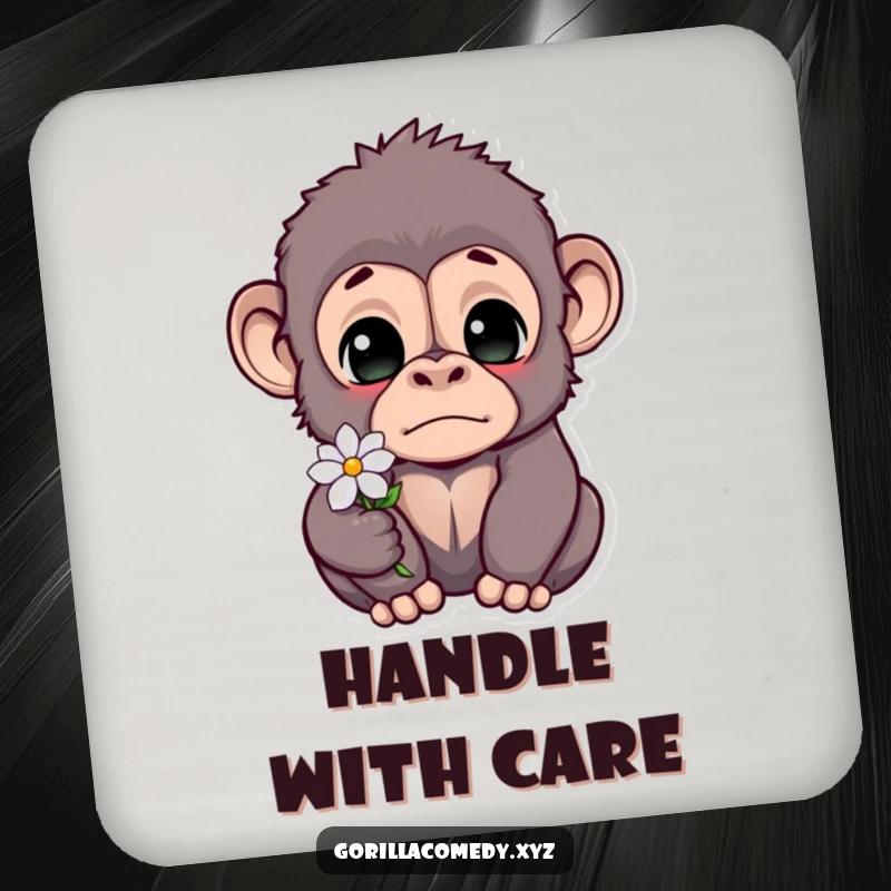 Funny gorilla coaster featuring a startled primate with wide eyes holding a tiny flower, a cute and humorous drink accessory.