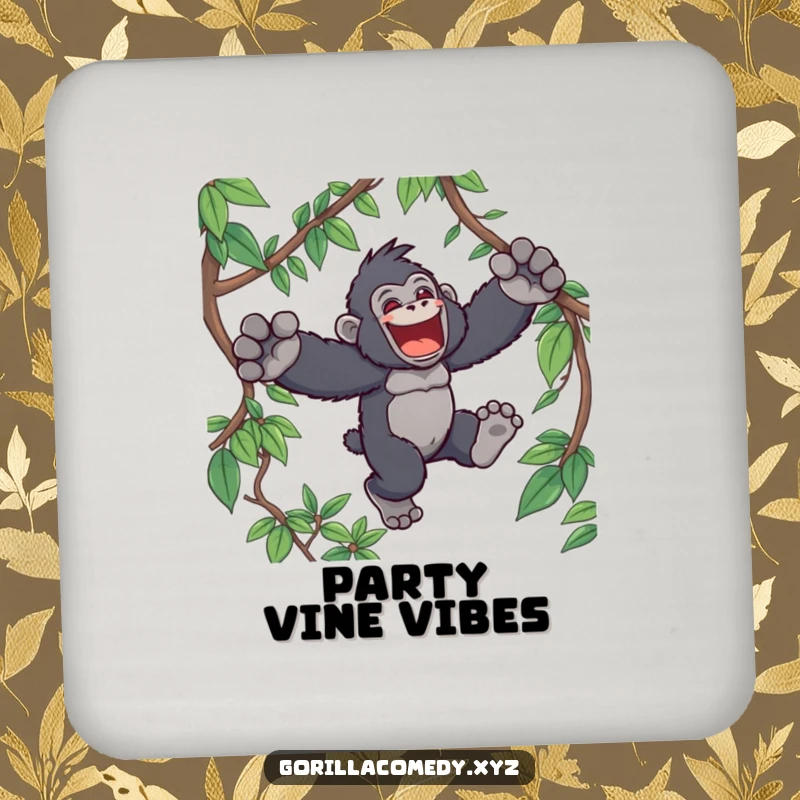 Funny Kawaii gorilla drink coaster, showing a happy ape character leaping through jungle vines, designed to protect surfaces with humor.