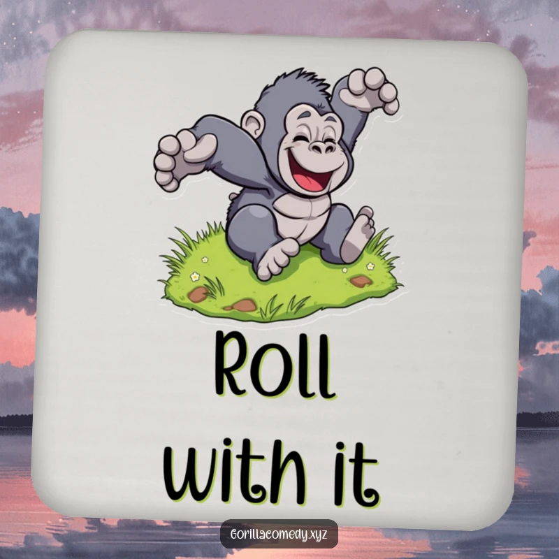 Funny Gorilla Roll Coasters: Coasters with a stylized gorilla tumbling down a grassy hill, radiating pure joy. Excellent funny gift.