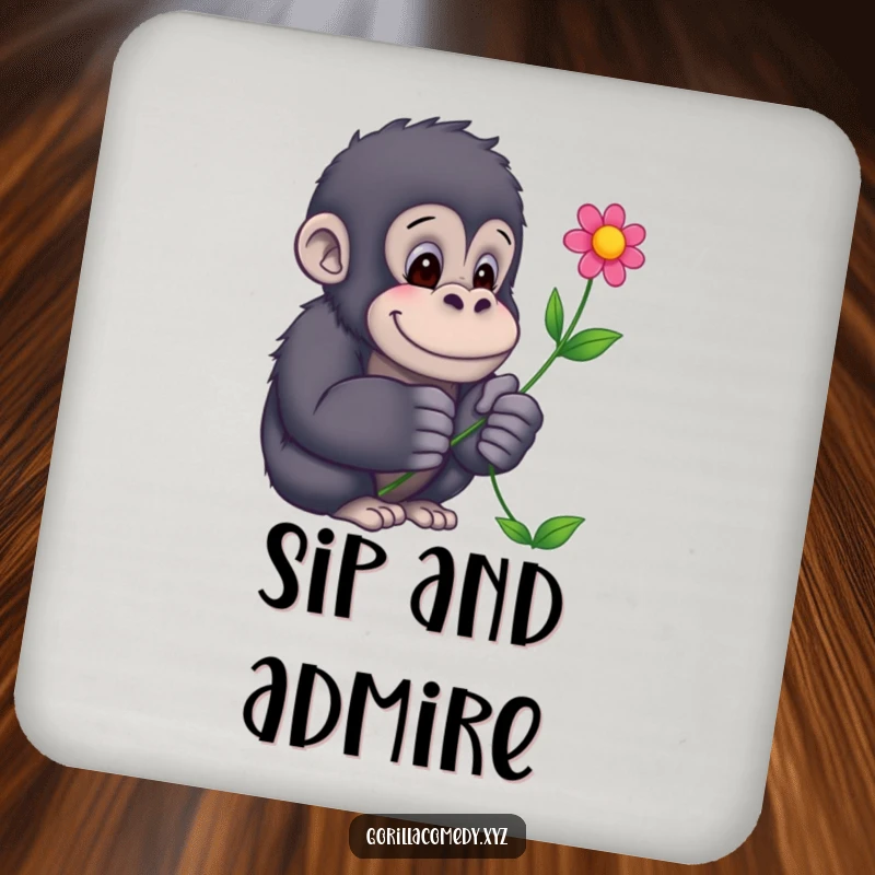 Funny Gorilla Coaster: A protective coaster showcasing a gentle gorilla offering a flower, adding a touch of charm.