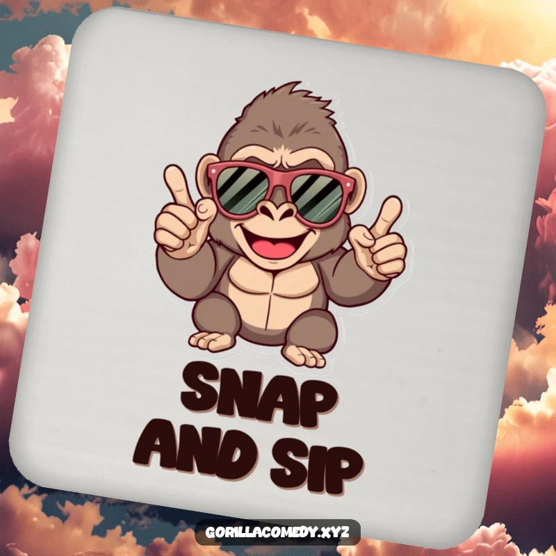 Funny gorilla drink coaster, happy character wearing oversized sunglasses, giving a finger snap, protecting surfaces humorously.