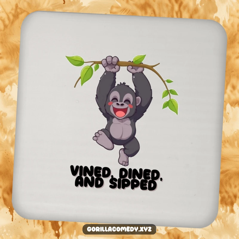 Funny coasters featuring a joyful gorilla swinging from a vine with a triumphant yell, providing humorous and celebratory protection for drinks.
