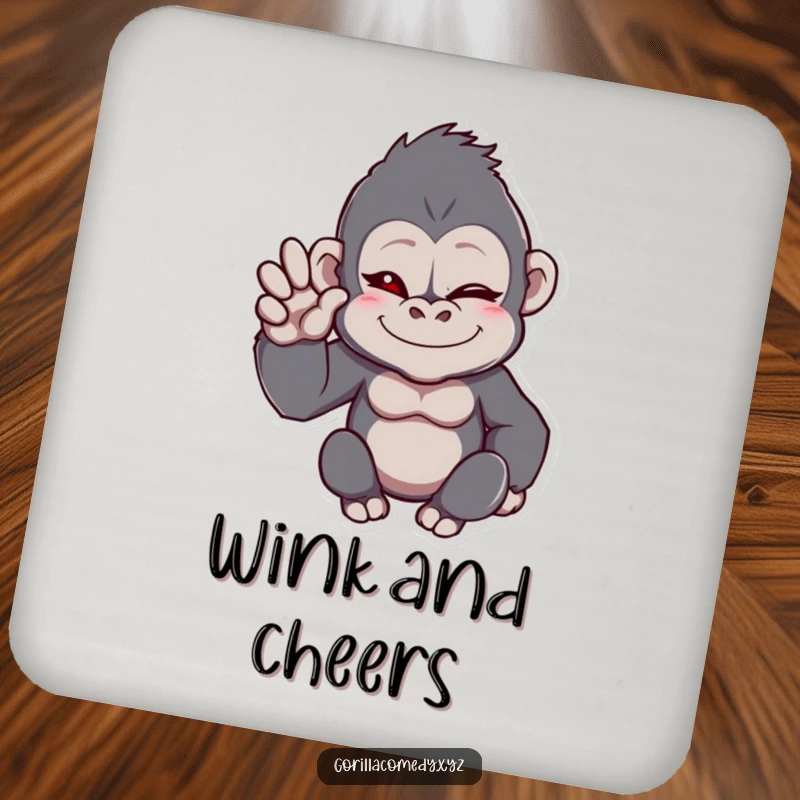 Funny gorilla coaster with a winking ape and a hand in a friendly wave, adding humor to drink protection.