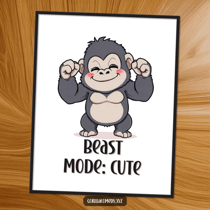 Funny Gorilla Flex Poster: High-quality art of a cute gorilla grinning while comically flexing its tiny biceps, offering humorous motivation, great funny gift.