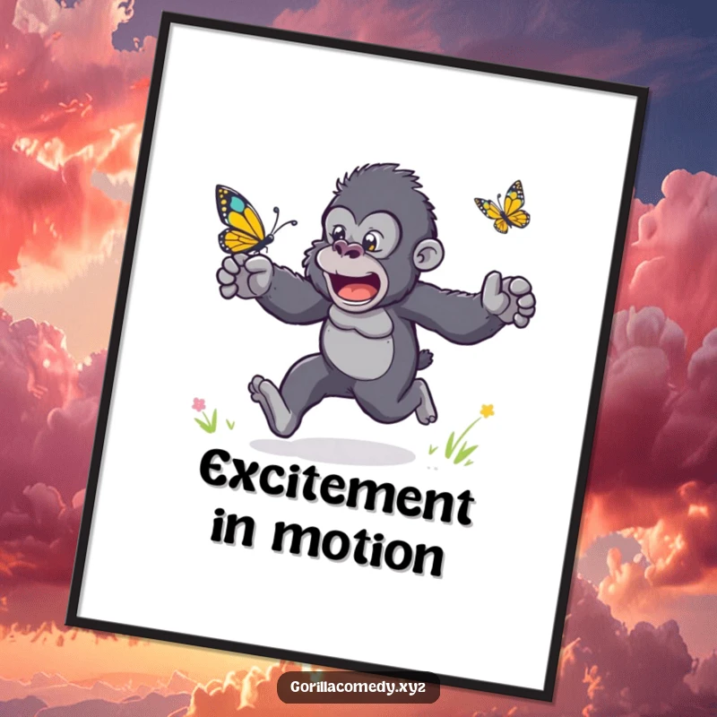 Funny poster illustrating a gorilla with arms flailing in excitement, racing a playful butterfly.