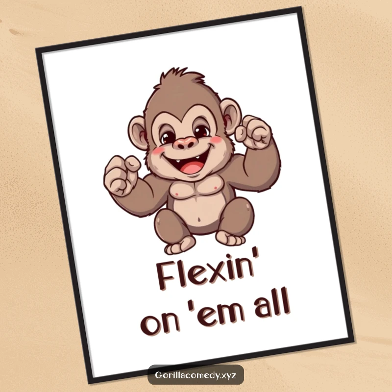 Funny gorilla poster print of a cute ape flexing minuscule muscles with a joyful expression, adding humor and personality to wall decor.