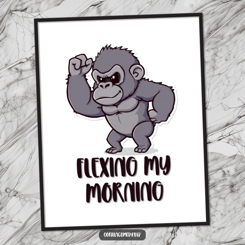 Funny gorilla poster, determined character proudly flexing its tiny bicep, showing pride and strength, wall art.