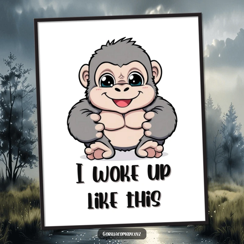 Funny cheerful gorilla poster with big bright eyes playfully pounding its chest, radiating joy and playfulness, an excellent funny gift for wall art.