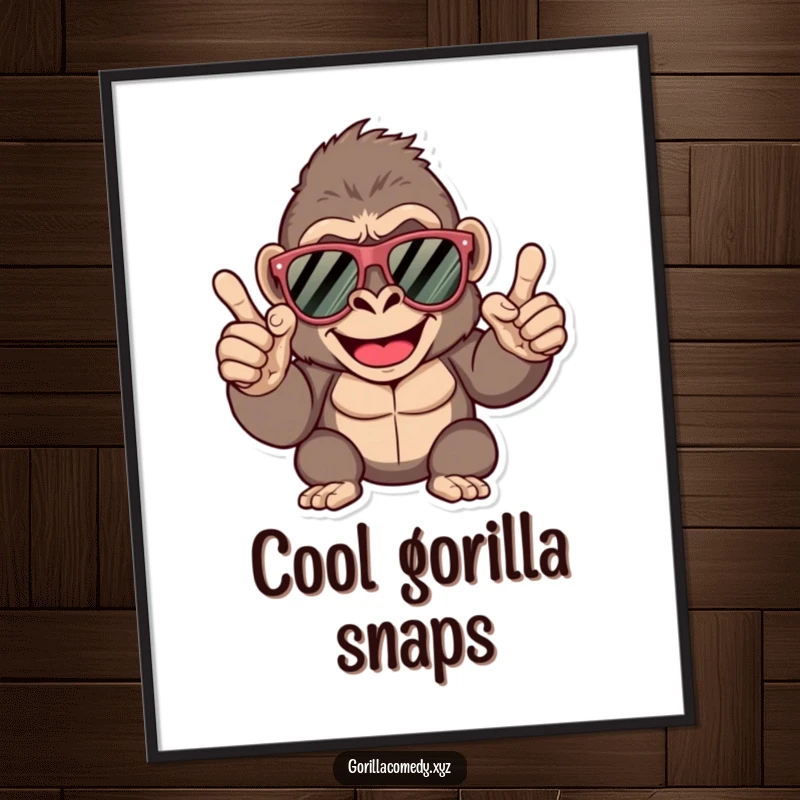 Funny gorilla poster, happy character with oversized sunglasses, confidently performing a finger snap, cool wall art.
