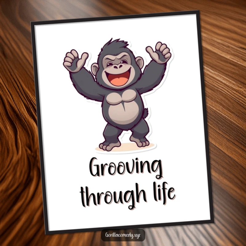 Funny Gorilla Poster: A lively depiction of a primate engaged in a comical, energetic dance with a joyful expression.