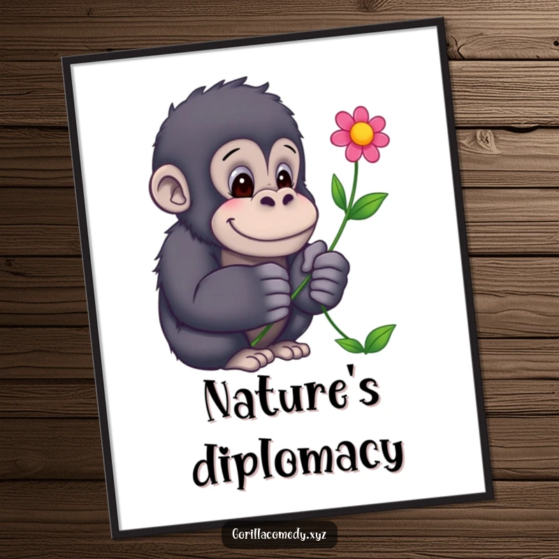 Funny Gorilla Poster: A captivating artwork of a gentle gorilla offering a flower, perfect for creating a cheerful atmosphere.