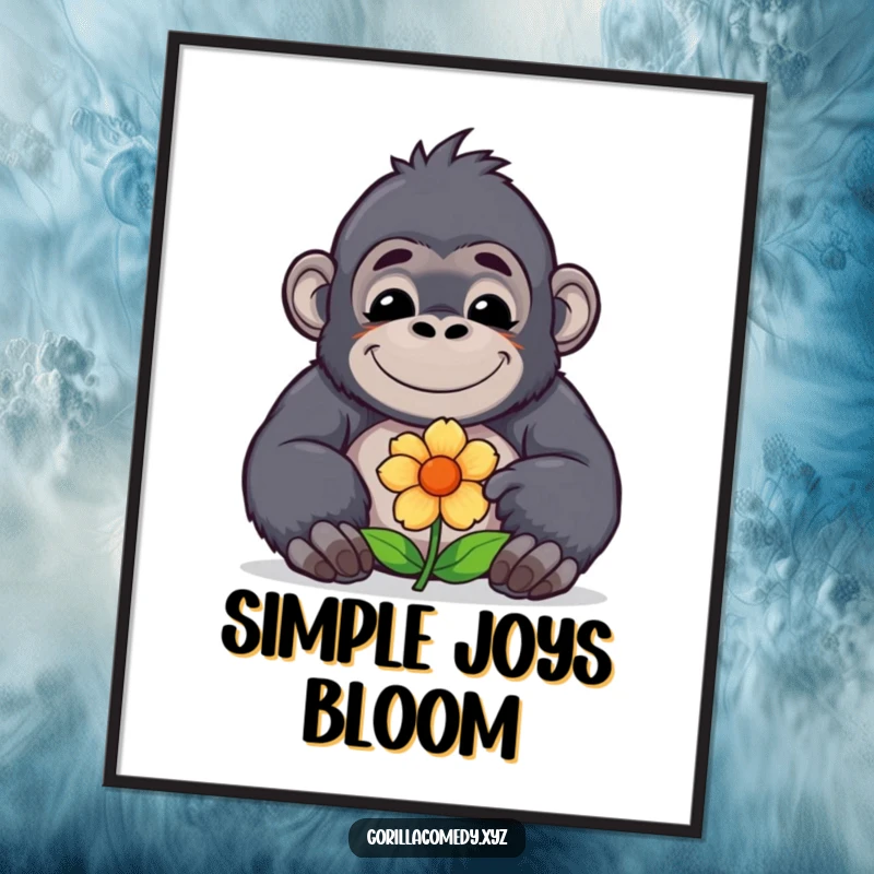 Cute funny kawaii gorilla with a contented smile offers a flower, creating a peaceful and heartwarming scene on this decorative wall poster.