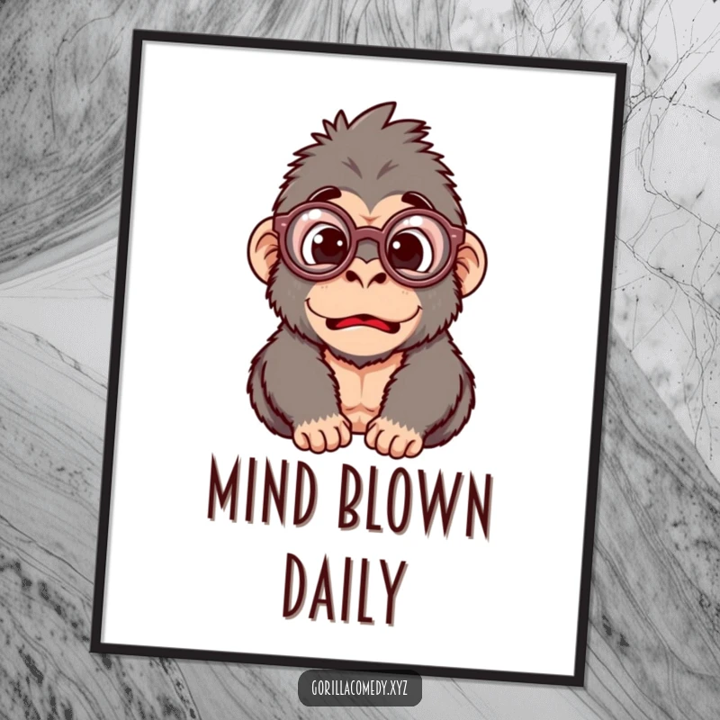 Funny poster art of a silly gorilla character wearing oversized round glasses, depicting a comically surprised and bewildered expression.