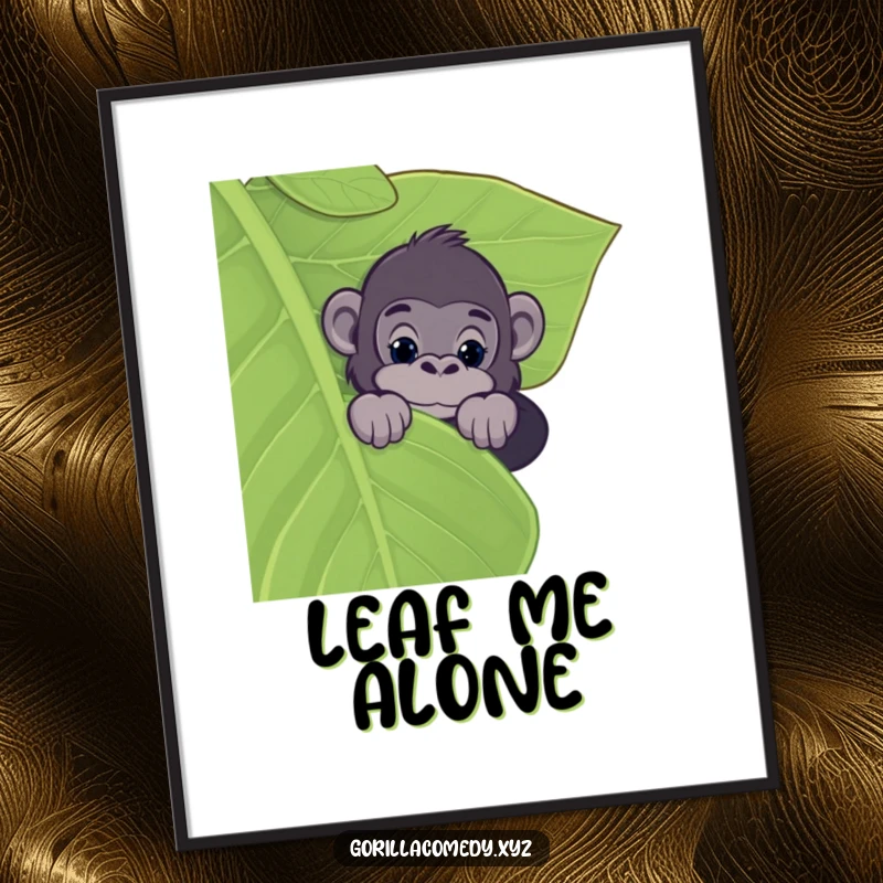 Funny poster featuring a curious gorilla peeking over a large leaf, capturing a moment of intrigue and jungle discovery.