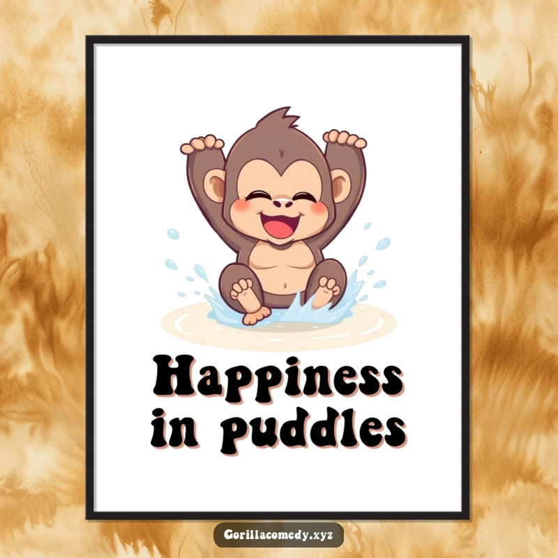 Funny kawaii gorilla gleefully splashing in a puddle, creating a dynamic and happy scene on this decorative wall poster.