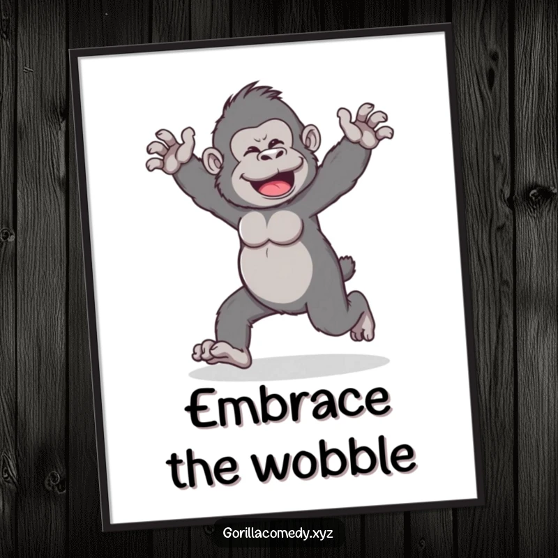 Funny poster art of a playful gorilla character doing a wobbly walk with arms outstretched, symbolizing humorous movement.