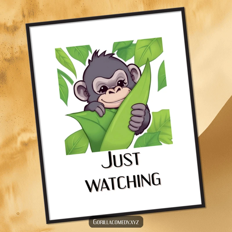 Funny poster of a mischievous gorilla hiding behind a jungle leaf, giving a playful wink, perfect for adding cheeky decor.