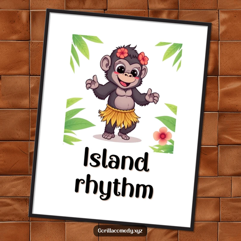 Funny Gorilla Poster: Adorable gorilla in a grass skirt performing a lively hula dance, spreading tropical cheer.