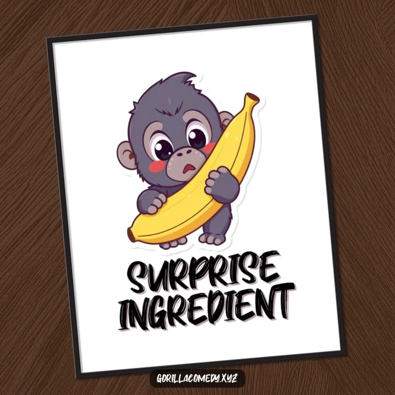 Funny Kawaii Gorilla Art Print showing a cute gorilla with surprised eyes holding a giant banana, bringing downloadable cuteness and humor.