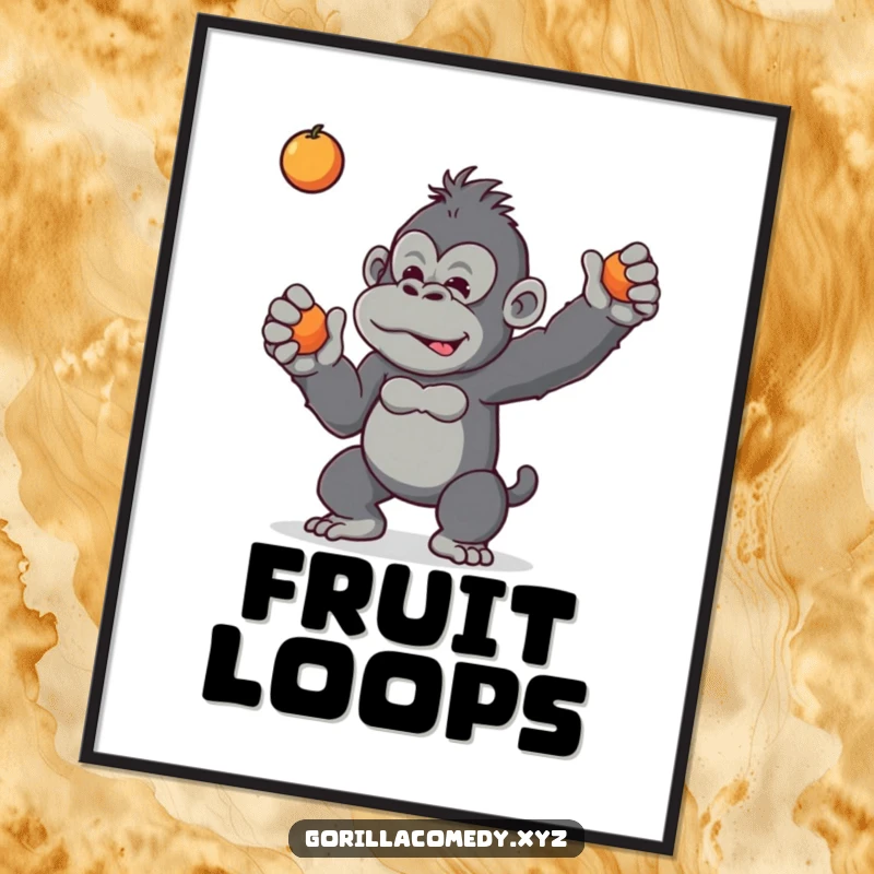 Funny poster featuring a mischievous gorilla tossing a piece of fruit, capturing a moment of playful jungle mischief.