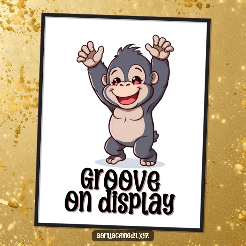 Funny kawaii gorilla poster, cheerful character, playful dance, humorous wall art, cute animal illustration.