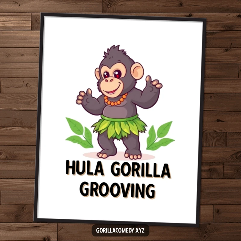 Funny gorilla poster, cute character in a grass skirt, energetically performing a playful hula dance, wall art.