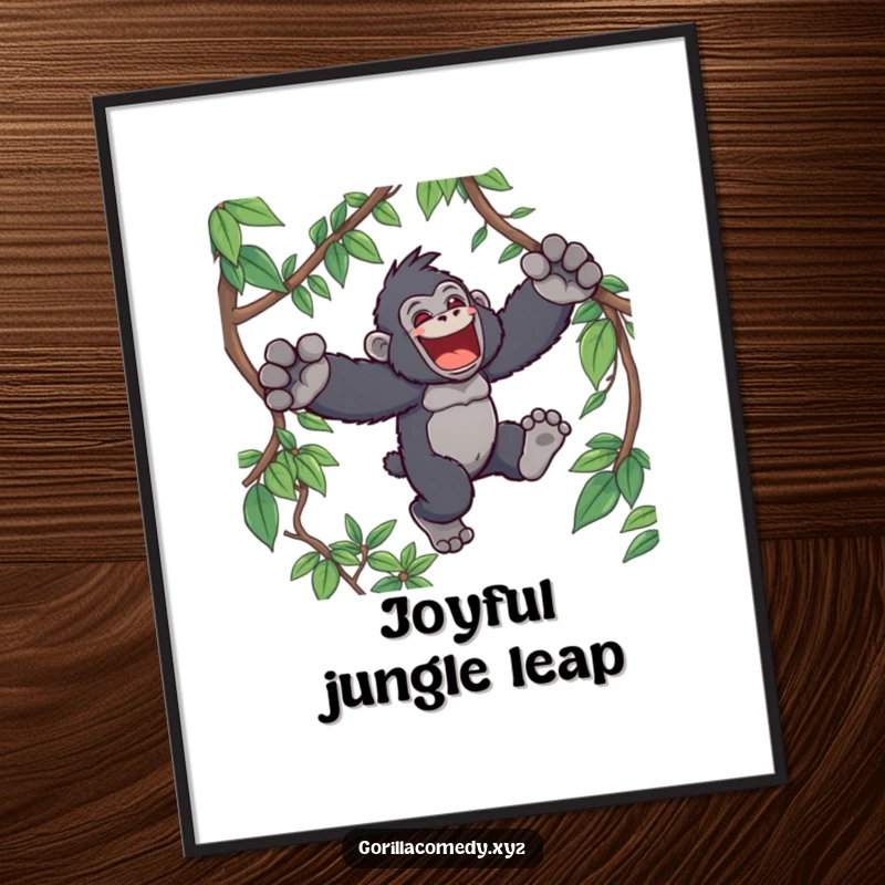Funny Kawaii gorilla poster, depicting an ecstatic ape character in mid-leap through lush jungle vines, capturing pure joy and movement.