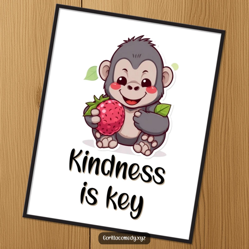 Funny poster art of a gentle gorilla character smiling warmly while offering a large, juicy berry, symbolizing kindness.
