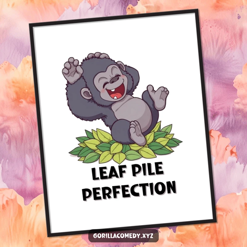 Funny clumsy gorilla poster tumbling with delight into soft leaves, ideal for adding playful charm and humor to any room, a great gift.