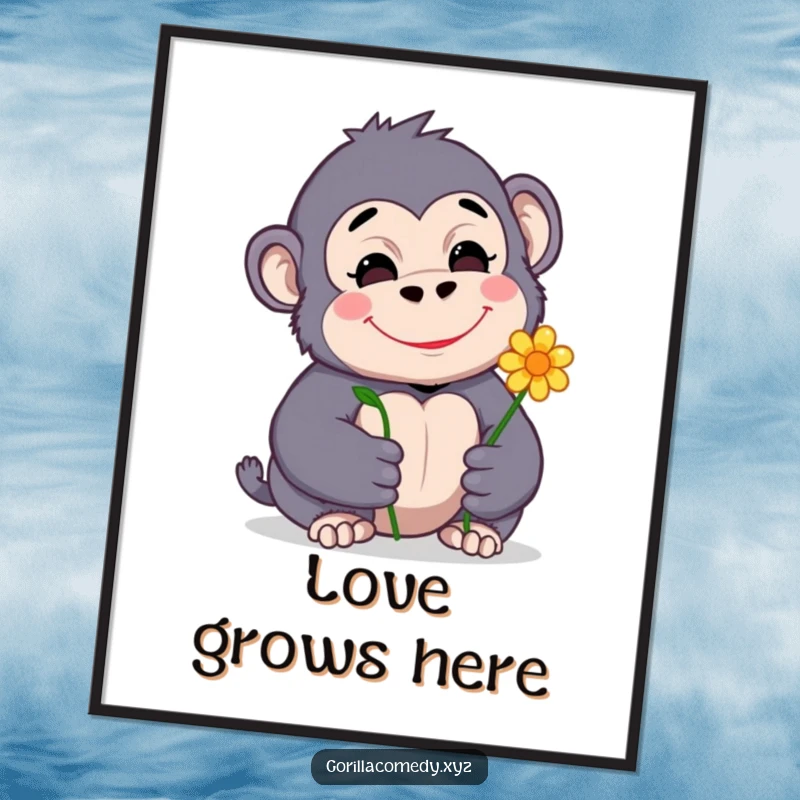 Funny, high-quality poster print of a shy gorilla character offering a flower with a sweet, contented smile – charming decor.