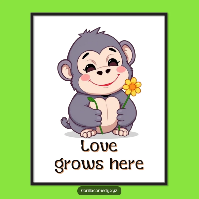 Funny Gorilla Poster: Adorable Shy Gorilla with Flower, Artful Gift