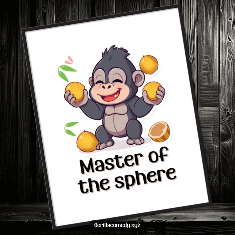 Funny kawaii gorilla giggling while juggling coconuts, creating a dynamic and amusing tropical scene on this decorative wall poster.