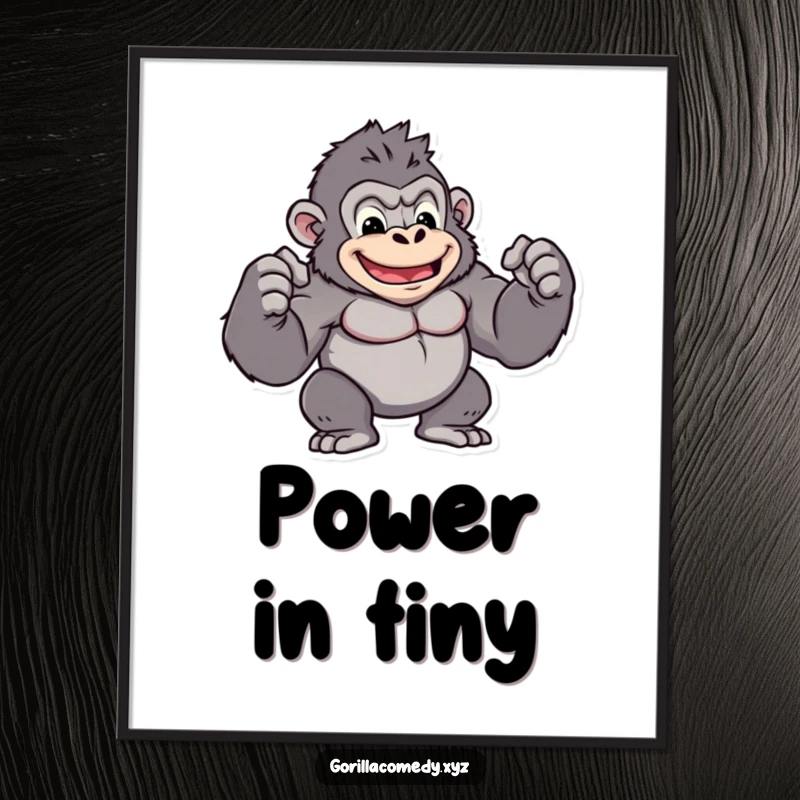 Funny kawaii gorilla poster art of a small, muscular character flexing biceps proudly, inspiring strength, a great funny gift.