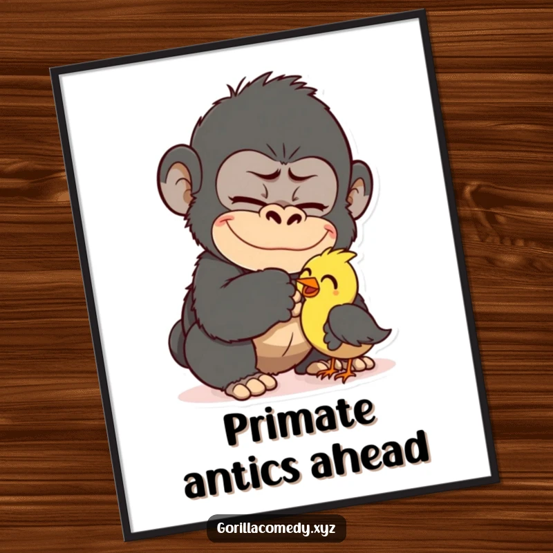 Funny Gorilla Tickling Bird Poster: Mischievous gorilla tickling a small bird, an amusing scene adding character and humor. Perfect wall art gift.