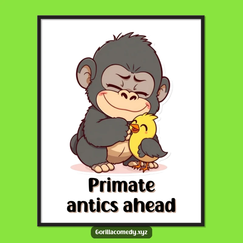 Funny Gorilla Tickling Bird Poster - Hilarious Cartoon Primate Wall Art Gift