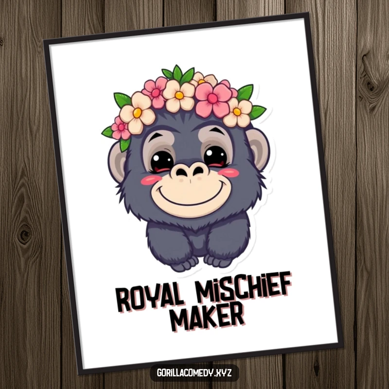 Funny kawaii gorilla poster, mischievous grin, wearing a flower crown, humorous wall art, cute animal illustration.