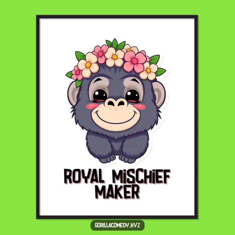 Funny Kawaii Gorilla Flower Crown Poster - Mischievous Art for Playful Decor