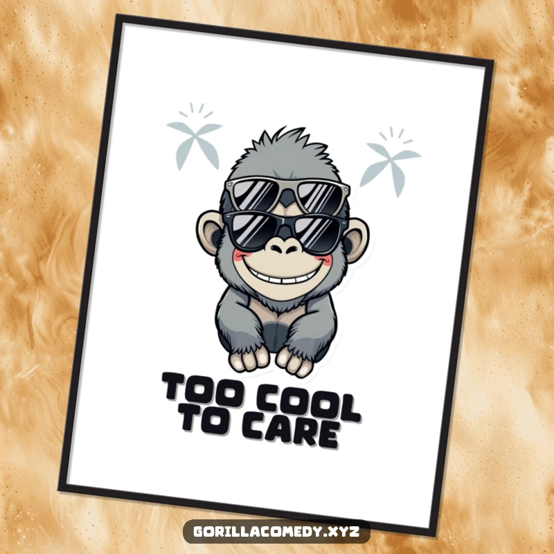 Funny Kawaii gorilla wearing sunglasses and a silly grin, presented as a high-resolution poster for cool and humorous decor.