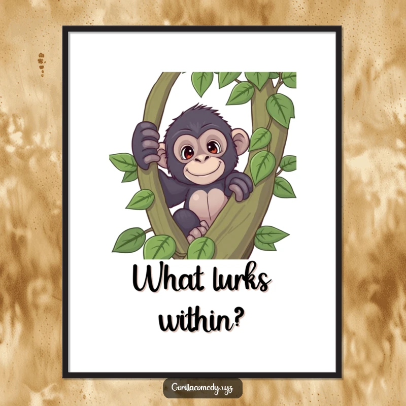 Funny playful gorilla poster with a curious expression peeking from behind a large vine, ideal for adding playful charm and intrigue to any room, a great gift.