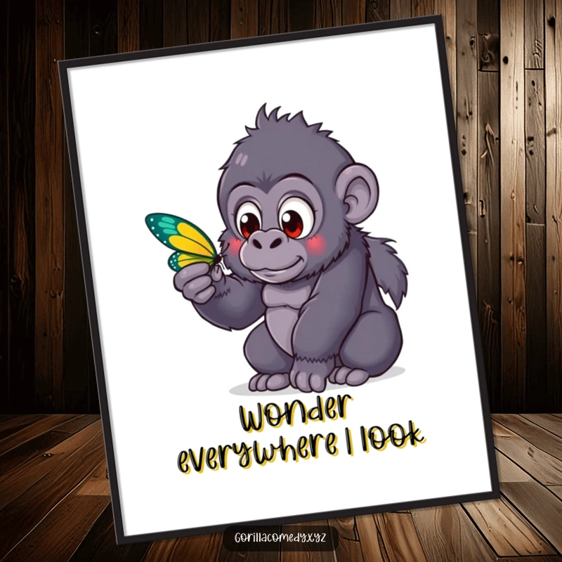 Funny kawaii gorilla with large, curious eyes focused on a beautiful butterfly, creating a heartwarming scene on this decorative wall poster.
