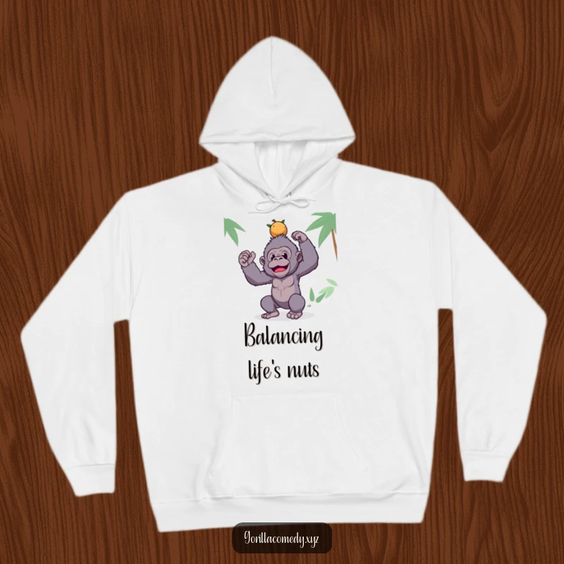 Funny gorilla hoodie featuring a silly ape balancing a stack of coconuts, offering warmth and tropical humor.