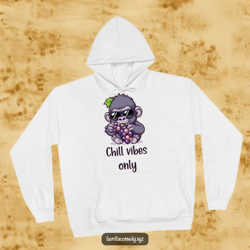Funny hoodie featuring a cool gorilla in tiny sunglasses, eating grapes, offering warmth and a stylishly humorous vibe.