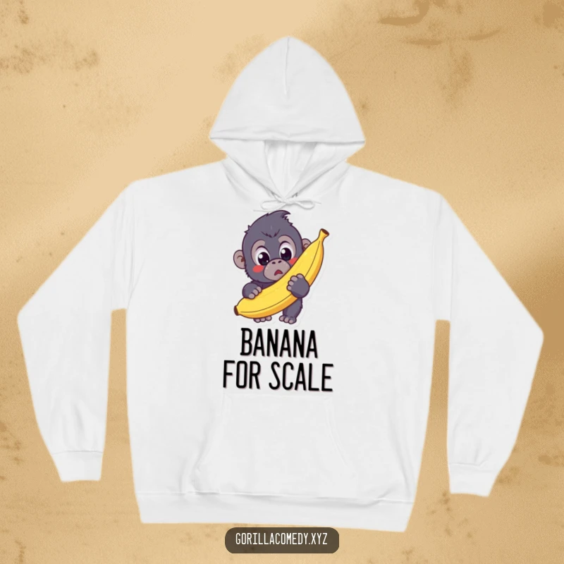 Funny Kawaii Gorilla Hoodie showcasing a cute gorilla with surprised eyes holding a giant banana, offering cozy warmth and humor.