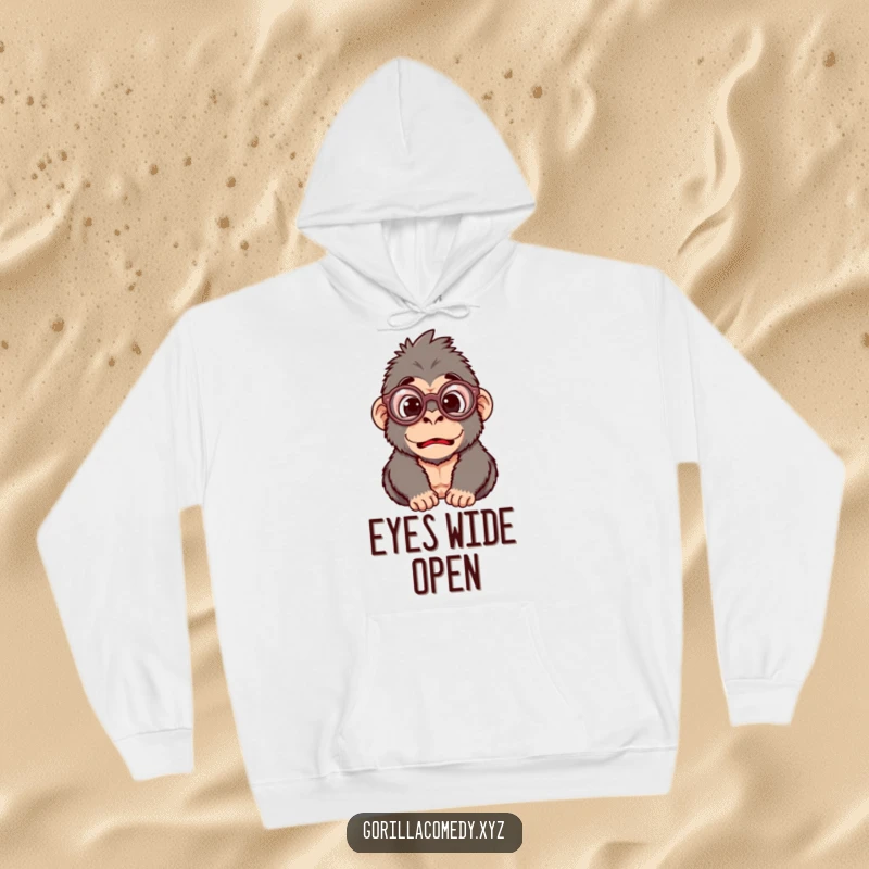 Funny hoodie featuring a silly gorilla character wearing oversized round glasses, looking comically surprised and amused.