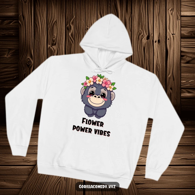Funny kawaii gorilla hoodie, mischievous grin, wearing a flower crown, cozy apparel, cute animal design.