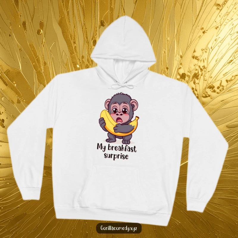 Funny Gorilla Hoodie: Surprised gorilla with wide eyes, holding an oversized banana, cozy and humorous.