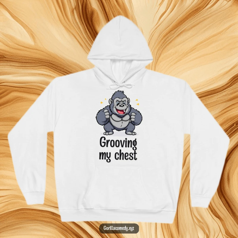 Funny hoodie featuring a cheerful gorilla energetically pounding its chest to a happy beat, ideal for cozy fun.